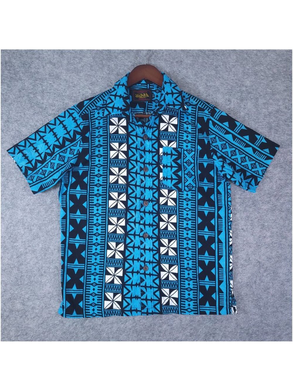 Von Dutch Vtg Kustommade Camp Shirt Mens Small Blue Tribal Tapa Y2K Turquoise